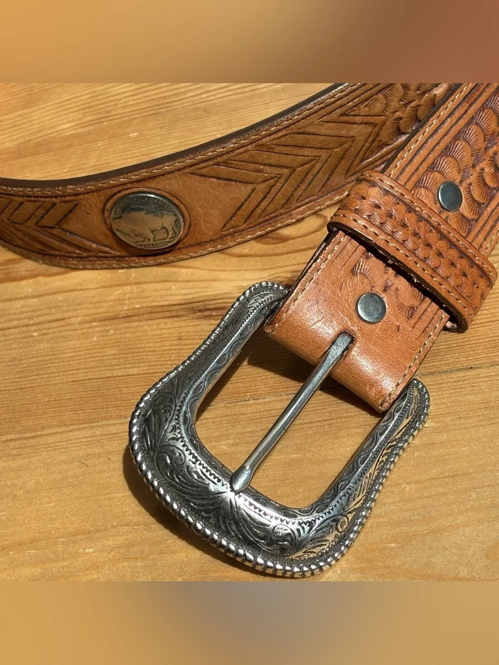 Vintage Leegin Leather Belt Mens Brown Tooled Buffalo Nickel Western Sz 40
